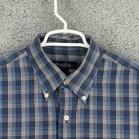 Brooks Brothers Mens Shirt L Blue Tan Plaid Button Down Long Sleeve - Picture 2 of 7